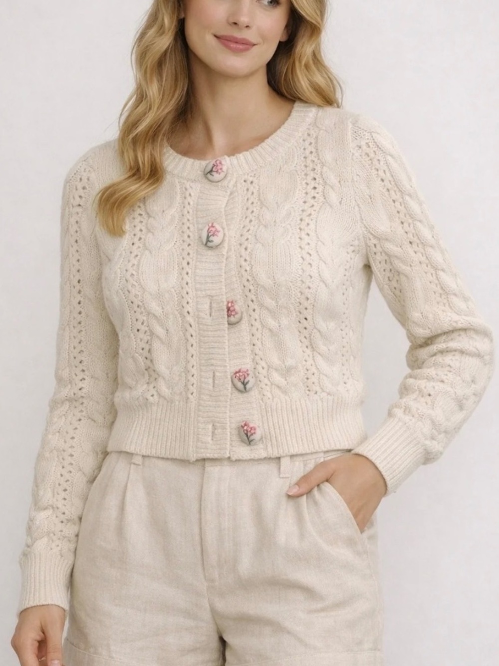 Freshman 1996 Cream Cable Knit Cropped Cardigan with Floral Embroidered Buttons